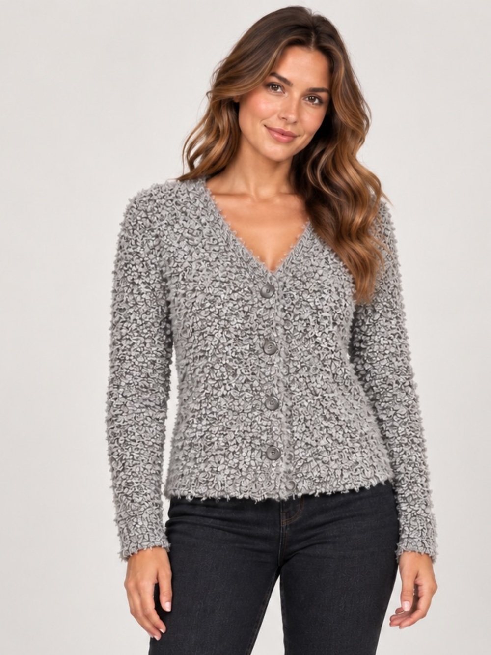 RXB Women’s Gray Boucle Knit Fuzzy Cardigan Size Small NWT